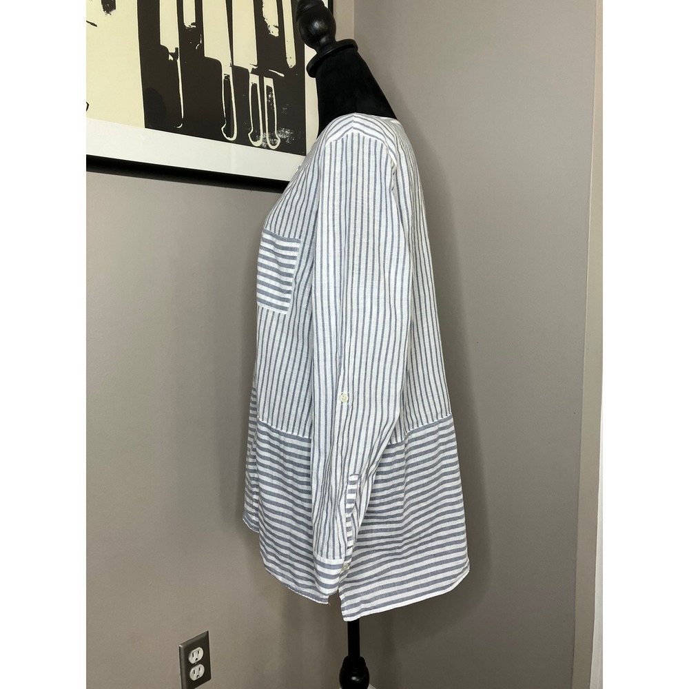 J. Jill Cotton Collarless Mixed Stripe Tunic Roll‎ Tab Sleeves Blue White Large - Picture 2 of 5